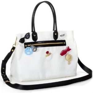 MOSCHINO Black & White Shoulder Travel Tote Duffel Bag Logo Purse Brooch Pin